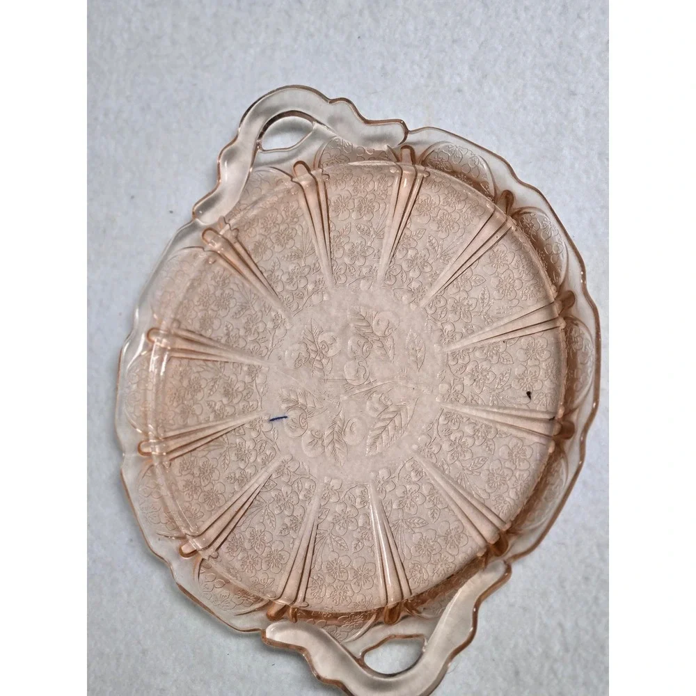 Vintage Jeannette Cherry Blossom Pink Depression Glass Handled Cake Plate 1930s
